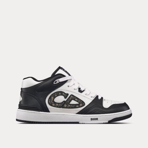 Baskets mi-hautes Dior B57 en cuir de veau lisse noir et blanc avec jacquard Dior Oblique beige et noir – 35
