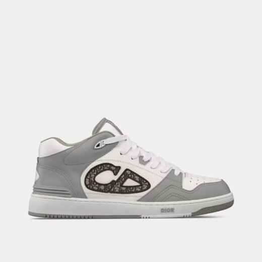 Baskets mi-hautes Dior B57 en cuir de veau lisse gris et blanc avec jacquard Dior Oblique beige et noir – 35