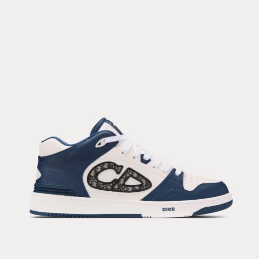 Baskets mi-hautes Dior B57 en cuir de veau lisse bleu marine et blanc avec jacquard Dior Oblique beige et noir – 35