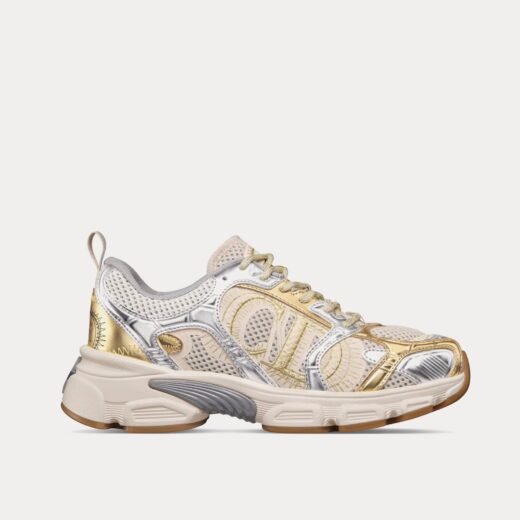 Baskets basses Dior Chrono en mesh beige avec empiècements effet cuir laminé doré et argenté – 35