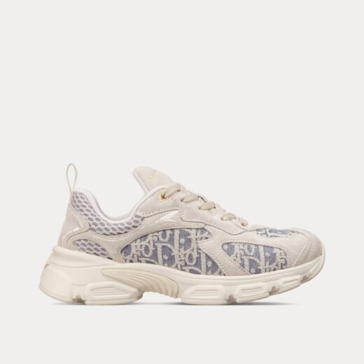 Baskets basses Dior Vibe en daim avec motif Dior Oblique jacquard et raphia écru / bleu chambray – 35