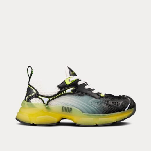 Baskets basses Dior Vibe en maille blanche et cuir de veau noir avec caoutchouc jaune fluo – 35