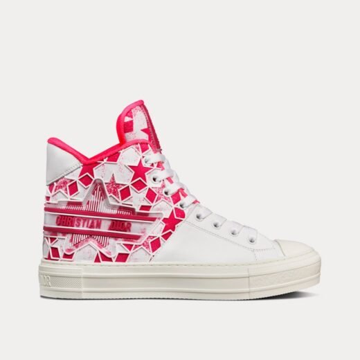 Dior Baskets montantes Walk'n'Dior Star en cuir de veau et tissu technique rose vif et blanc avec motif Dior Étoile – 35