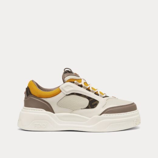 Fendi Baskets basses Force en cuir blanc/marron/jaune – 35
