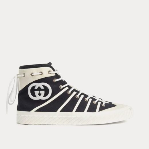 Gucci Baskets montantes en toile noire et blanche avec motif G entrelacés – 35