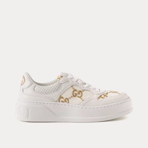 Gucci Baskets basses blanches à plateforme GG avec tissu lamé doré GG – 35