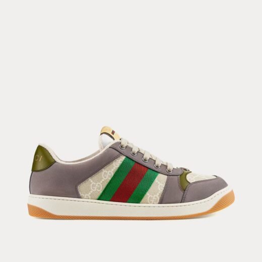 Gucci Baskets basses en daim gris à bande Web verte et rouge GG Screener – 35