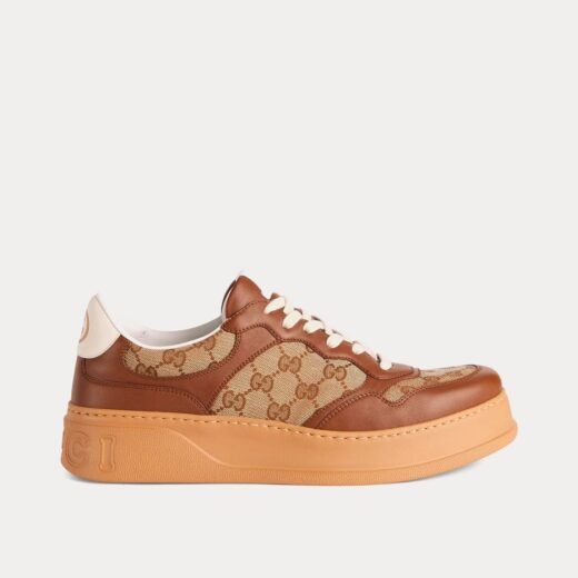 Gucci Baskets basses en toile GG beige et cuir ébène marron – 35