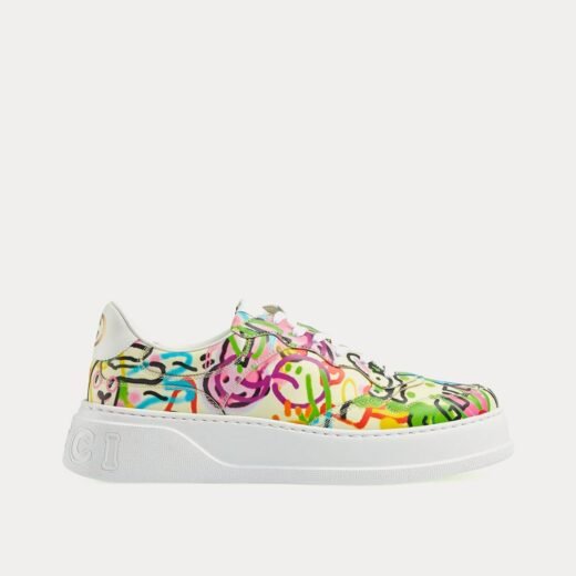 Gucci Baskets basses à plateforme en cuir imprimé graffiti Bunny ivoire/multicolore – 35