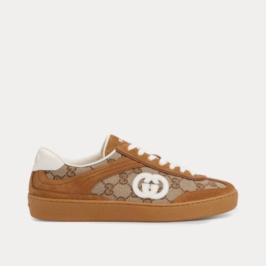 Gucci Baskets basses en daim et toile GG marron avec motif G entrelacé – 35