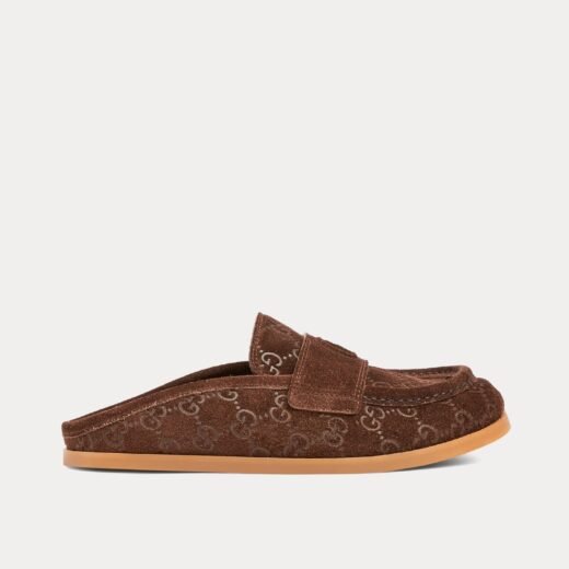 Gucci Mules Double G avec GG en daim marron – 35