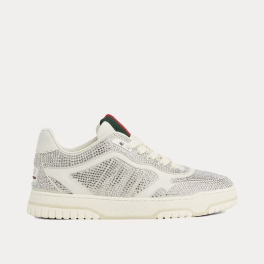 Gucci Baskets basses blanches Re-Web en cuir avec applications de cristaux sur toute la surface – 35