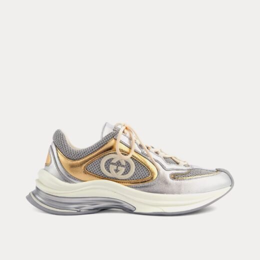 Gucci Baskets basses Run GG en cuir métallisé argent/or – 35