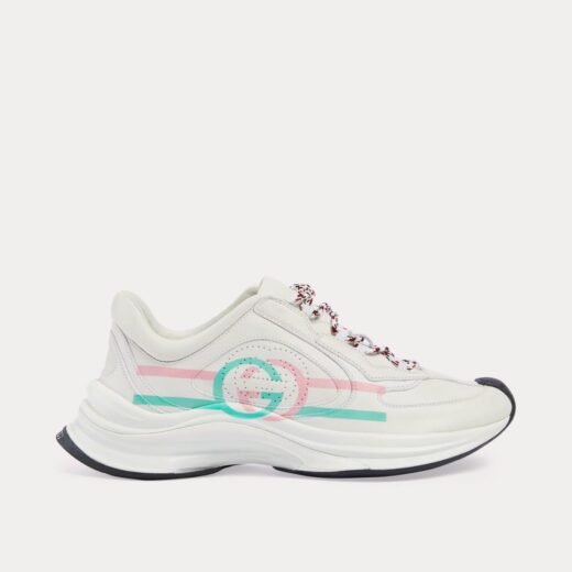 Gucci Baskets basses en cuir blanc/rose/turquoise à imprimé logo Run – 35