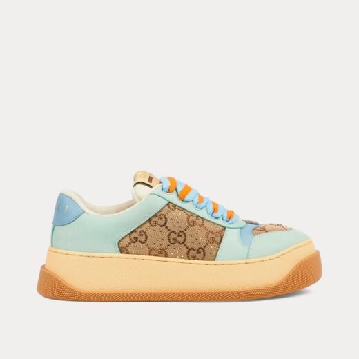 Gucci Baskets basses Screener GG en toile camel et ébène/bleu – 35