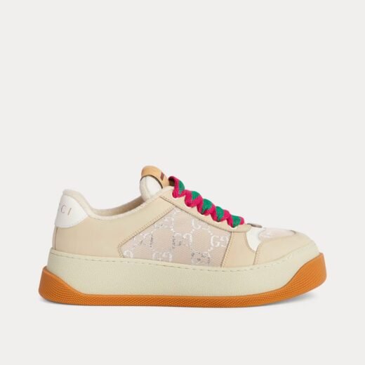 Gucci Baskets basses Screener GG en toile lamée blanc/beige – 35