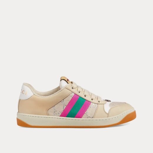 Gucci Baskets basses Screener avec bande Web GG lamé beige/ivoire/rose – 35