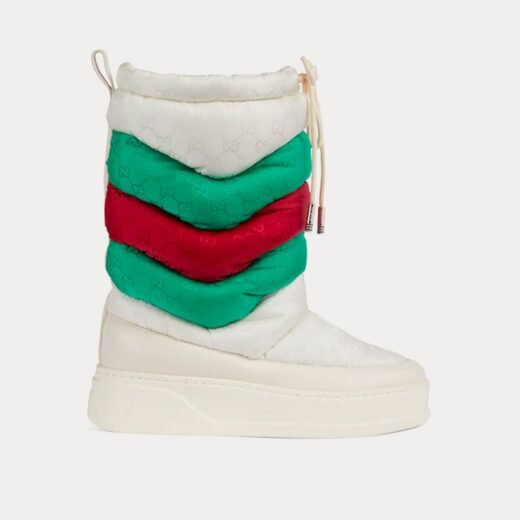 Gucci Bottes de neige GG Chevron en nylon blanc cassé/vert/rouge – 35