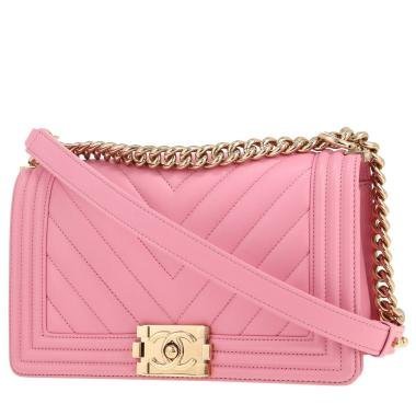 Sac bandoulière Chanel en cuir matelassé chevrons rose