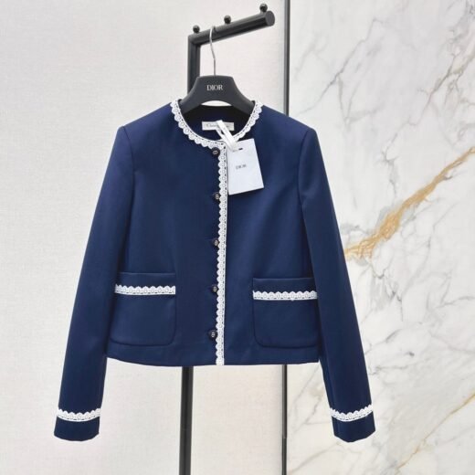 Dior Veste courte bleu marine avec garniture en dentelle écrue