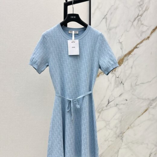 Dior Robe courte en maille à motif Oblique bleu clair