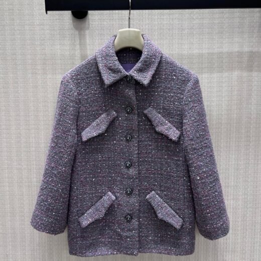 Chanel Veste en tweed violet à poches à rabat