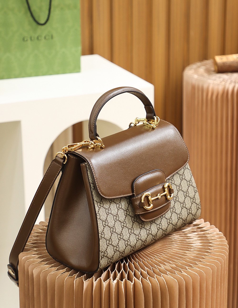 Gucci Horsebit 1955 sac à main GG beige et marron – Image 3