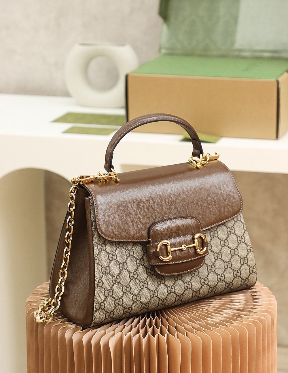 Gucci Horsebit 1955 sac à main GG beige et marron – Image 5
