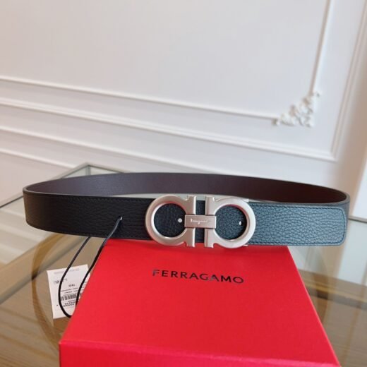 Ferragamo Gancini (motif de boucle) – Bleu-gris / brun très foncé (ou noir) / finitions de boucle visibles argentée